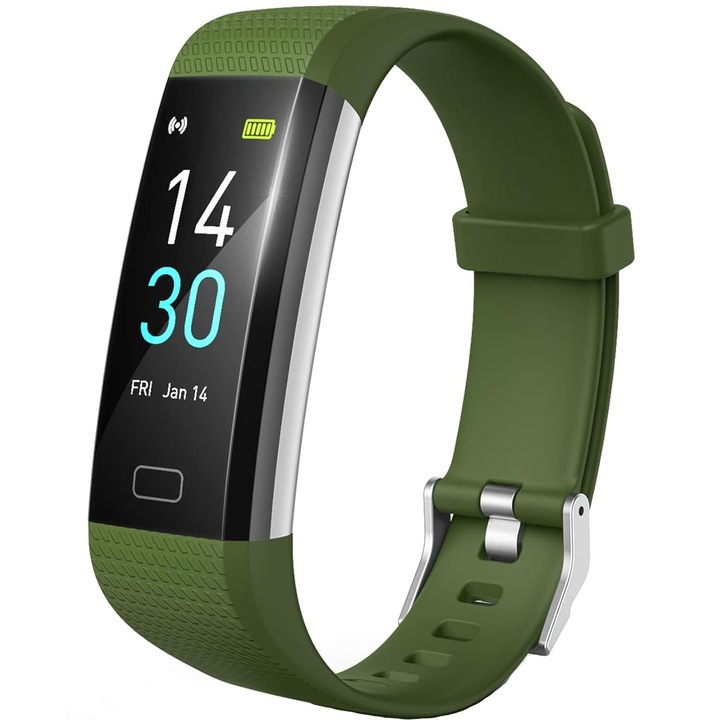 Фитнес гривна, Hggzeg, 63 см TFT сензорен екран, Мониторинг на сърдечната честота, кръвна захар, Сън, Управление на камерата, APP известия, Педометър, IP68 водоустойчивост, 16 спортни режима, ABS/TPU, Обиколка на китката 120-200 мм, Зелен