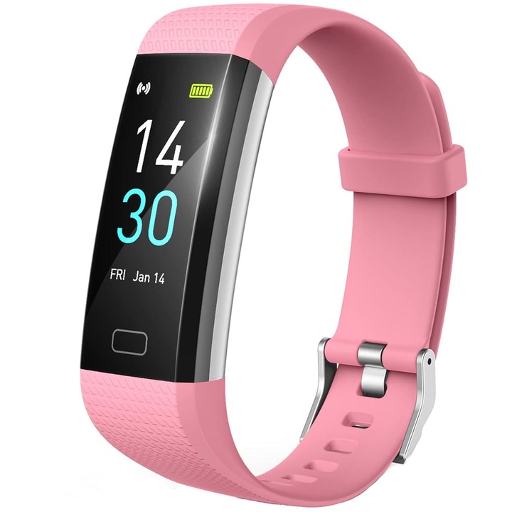 Фитнес гривна, Hggzeg, 63 см TFT сензорен екран, Мониторинг на сърдечната честота, кръвна захар, Сън, Управление на камерата, APP известия, Педометър, IP68 водоустойчивост, 16 спортни режима, ABS/TPU, Обиколка на китката 120-200 мм, Розов