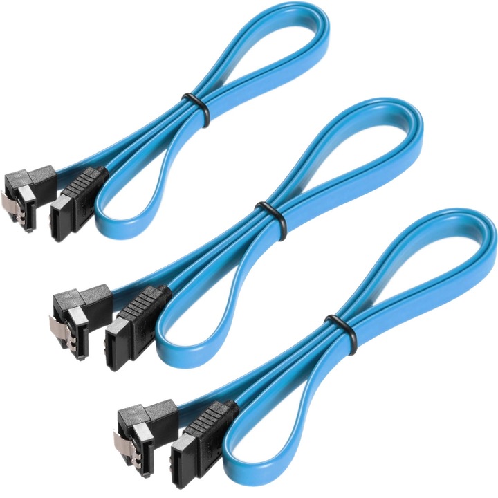 Комплект от 3 SATA кабела за данни, SINBINTA, с нормален щепсел и 90-градусов страничен щепсел, високоскоростно предаване на данни, издръжливост, устройство за безопасност, лесен за използване, широка съвместимост, метал, 50 см, син