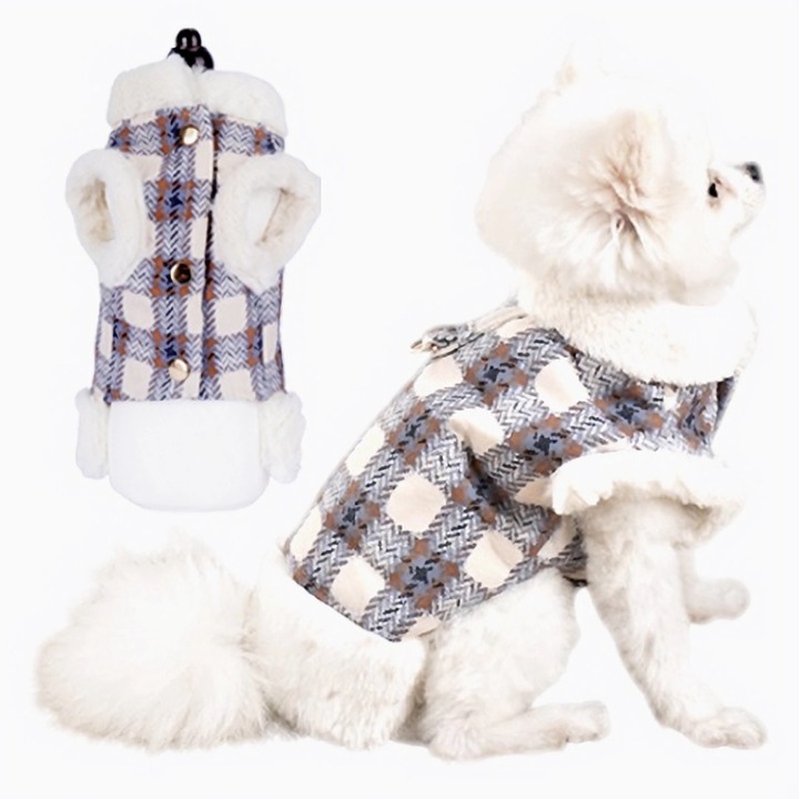 Jacheta pentru caini, Fluff, captuseala din fleece, cu orificiu pentru lesa, L, albastru/Alb