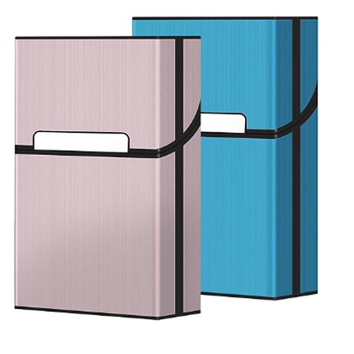 Комплект от 2 табакери, Hggzeg, 20 цигари, Елегантен модел, Само за цигари с нормален размер от 84 мм, Устойчиви на надраскване и вода, За многократна употреба, За офиси, на открито, на балкони, Алуминий, 60x92x28 мм, Розово+синьо