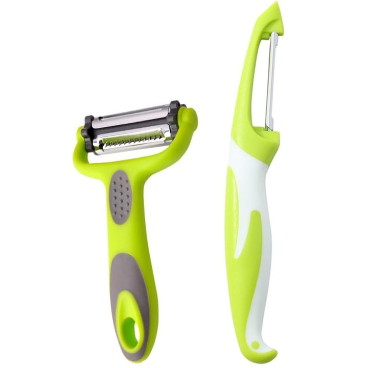 2 db-os zöldség- és gyümölcshámozó készlet, SINBINTA, Kényelmes, csúszásmentes fogantyú, Könnyen tisztítható, Ergonomikus kialakítás, Napi konyhai feladatokhoz, Rozsdamentes acél / PP, 14x7,1cm / 18x5,2cm, Zöld