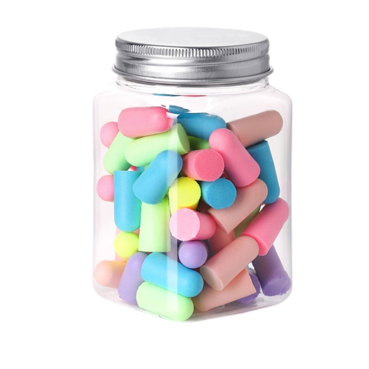 Set 60 Dopuri Urechi, SINBINTA, Cu sticla de depozitare, Spuma PU super moale si netoxica, Anularea zgomotului, Lavabil, Reutilizabile, Design mini, Pentru dormit, munca, calatorie ect, 29*12mm, Multicolor | Roz