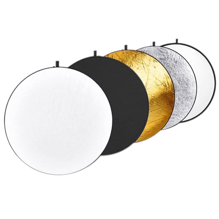 Set 5 Blende Foto Rotunde de Reflexie/Difuzie, SINBINTA, Usor si compact este puternic si durabil, Usor de transportat si utilizat, Cu sac de depozitare, Pentru fotografie, iluminat exterior, Nailon, 80cm, Multicolor