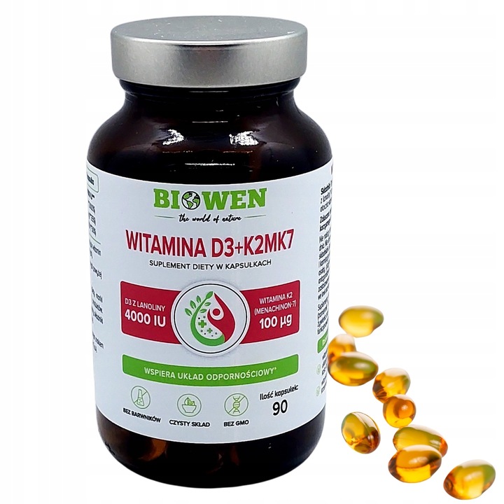 Supliment alimentar, Biowen, Vitamina D3+K2MK7, 90 capsule, doza 4000 UI, ulei MCT