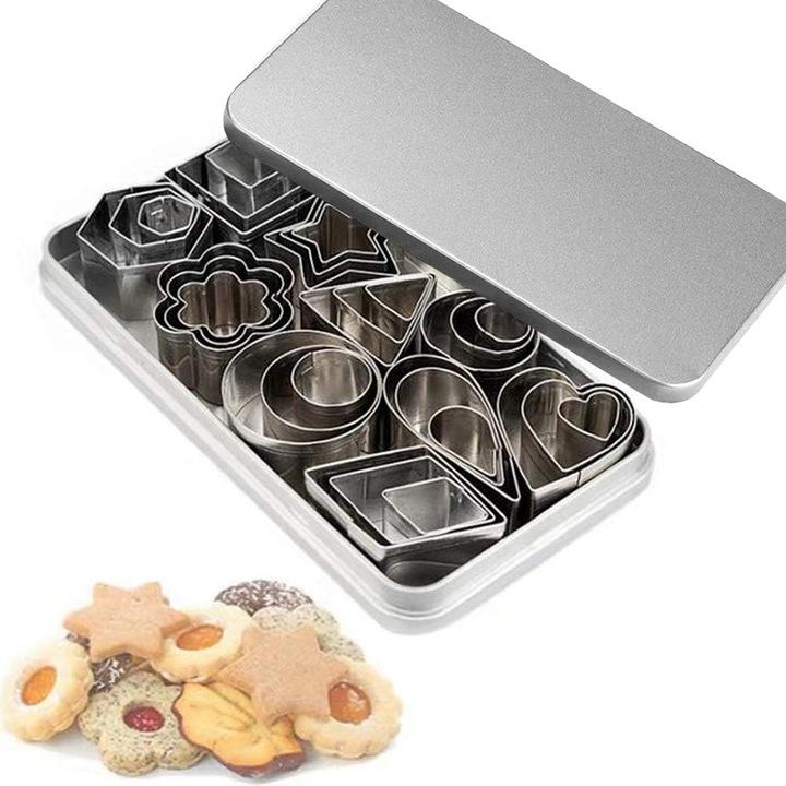 Set de forme mici pentru taiat biscuiti - 30 de forme mici pentru a taia aluat de patiserie, crusta de placinta si fructe - Stampile metalice din otel inoxidabil, 10 forme diferite, otel inoxidabil, argintiu