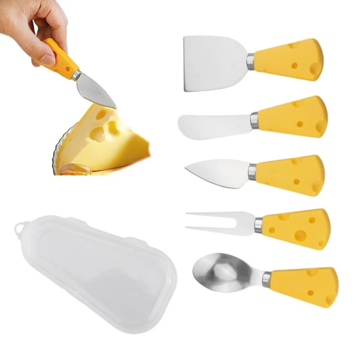 Set 5 cutite pentru branza, pentru platouri de branzeturi si unt, Set de ustensile pentru branza din otel inoxidabil, linguri si furculita cu cutit pentru unt, accesorii pentru tava de branza, cadou premium cu cutite