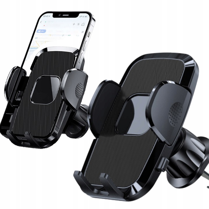 Autós telefontartó, Korbi, légtelenítő rögzítés, 360°-os elforgatás, három támasztókar, magasság 11,5 cm, szélesség 5-9 cm, fogantyúmélység 2 cm, fekete
