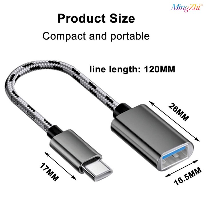 Adaptor cablu date OTG, MingZhi, USB-C tata la USB 3.0 mama, 5 Gbps, 15cm Negru