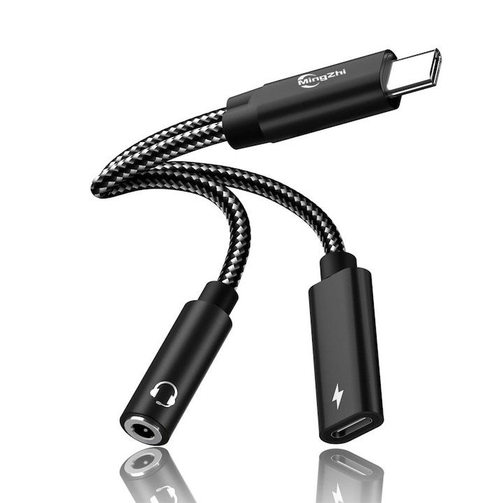 Adaptor 2-in-1, MingZhi, Adaptor tip C dubla pentru casti sau dispozitive auxiliare auto, USB-C la Jack 3.5mm, PD 30W, Plug and Play usor, negru