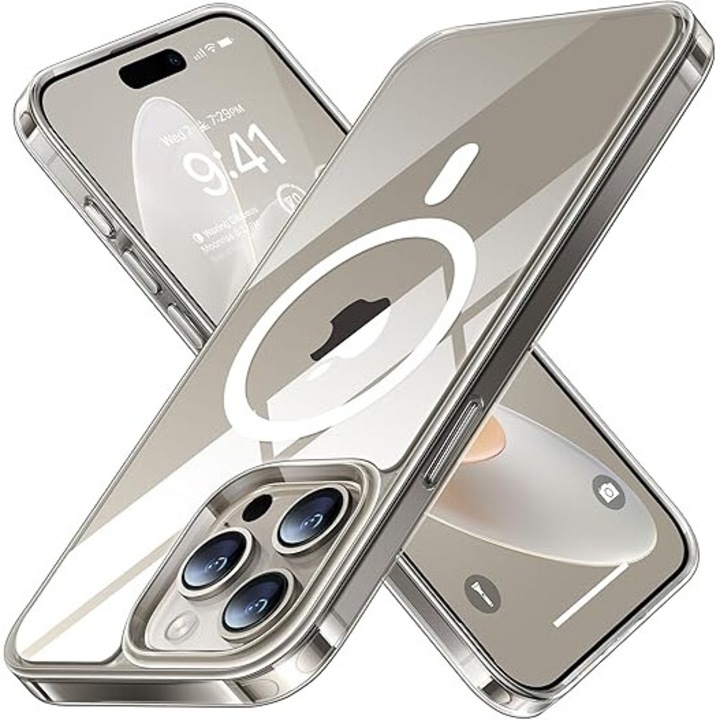 Husa pentru iphone 15 ProMax, MingZhi®, Carcasa antimagnetica, test de cadere de calitate militara, compatibil MagSafe, placa din spate PC transparenta, carcasa de protectie ultra-subtire din silicon anti-amprenta, transparenta