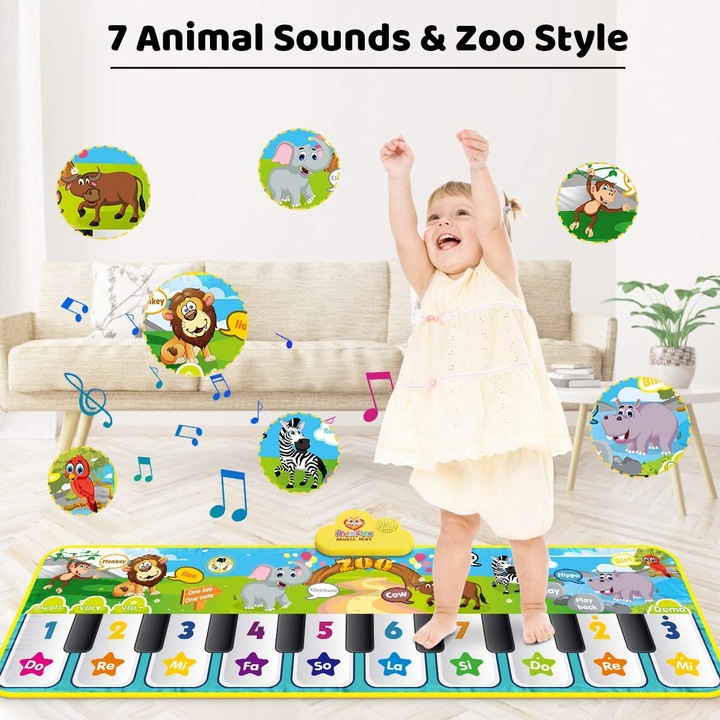 Covoras de dans muzical pentru copii, Suness, Tema Zoo, 15 cantece pentru copii, 10 butoane, 7 sunete de animale, 3 instrumente muzicale, posibilitatea de inregistrare, redare, pliabil, potrivit pentru copii, stimuleaza creativitatea, verde