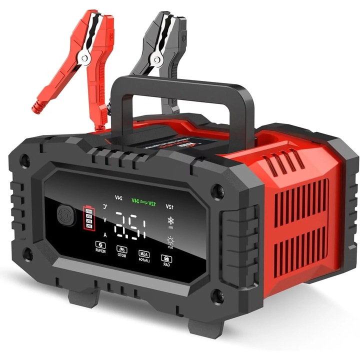 Redresor auto digital cu afisaj LCD, pentru incarcare baterii AGM, Acid Plumb si LiFePO4, Inteligent, Auto, Moto, Camion, 12V 20A, 24V 10A