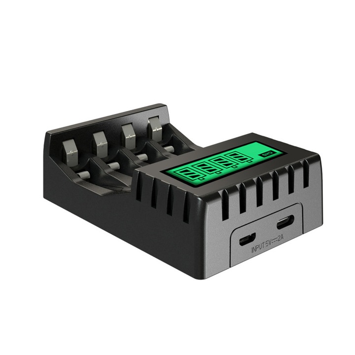 Rqiurpn универсално зарядно за батерии AA AAA, 1.5V Li-Ion и 1.2V Ni-MH/Ni-CD, 4 слота, черно, компактно