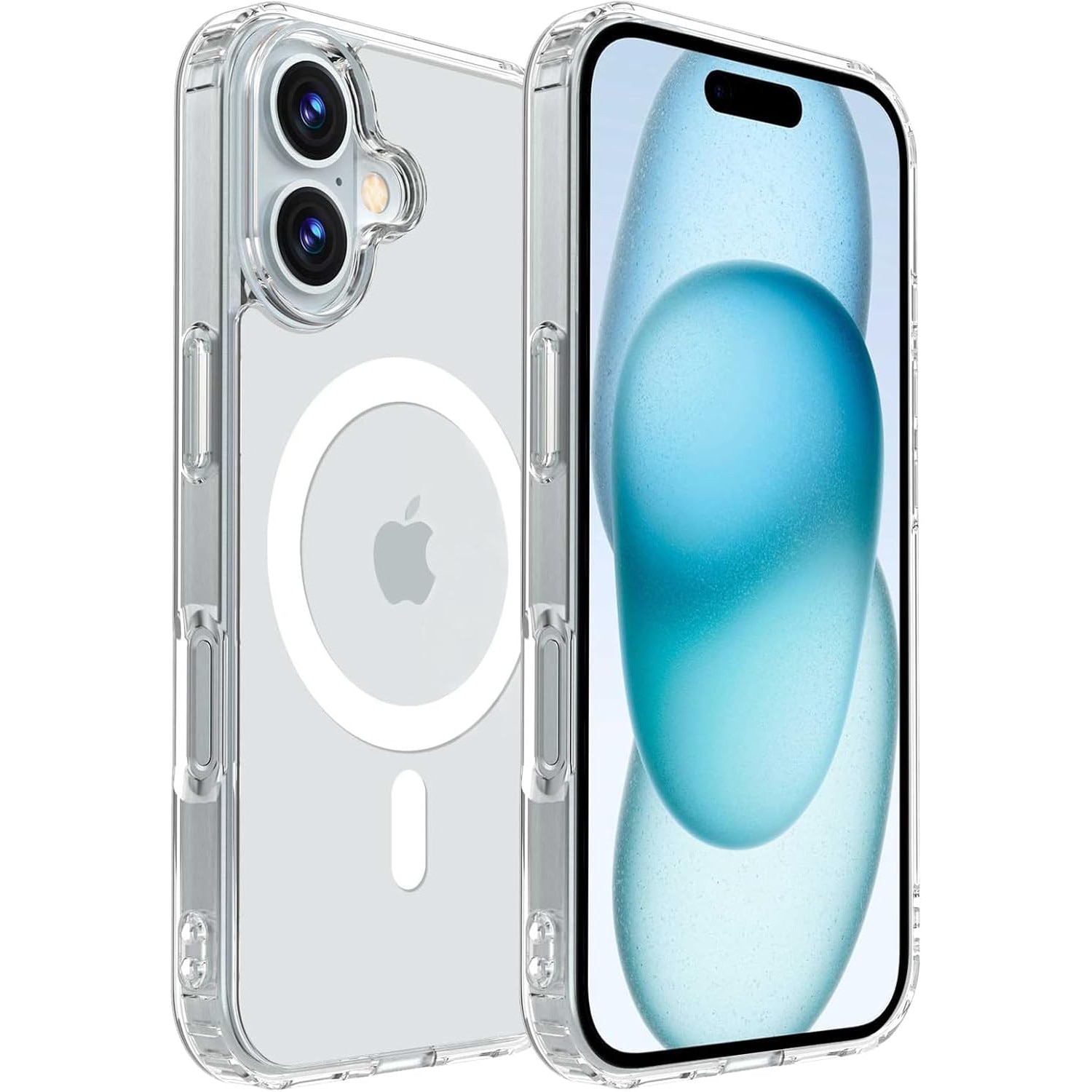 Set 2 piese: Husa transparenta MagSafe + PopSockets magnetic alb pentru iPhone 16 - TPU Magnetic Case, Design subtire, Compatibil cu incarcare wireless, Transparent-alb