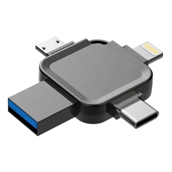 4 az 1-ben többfunkciós memóriakártya 64 GB kapacitással, usb 3.0, iphone és usb type-c kompatibilitás, fekete