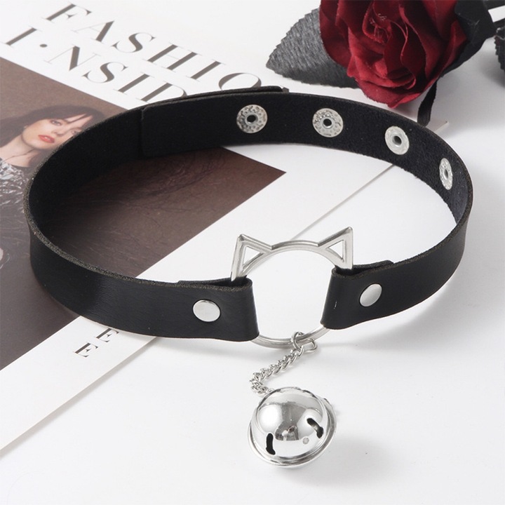 Guler din piele cu clopotei, accesorii sexy pentru adulti, Sunmostar, negru