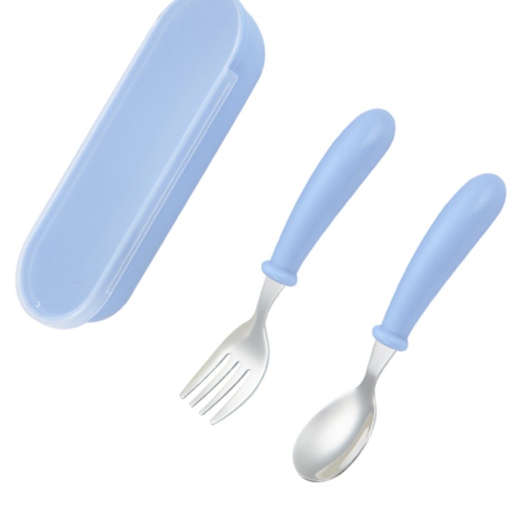 Бебешки комплект прибори за хранене, безопасен и издръжлив, неръждаема стомана 304, самозахранващ се, за многократна употреба, вилица, лъжица, син