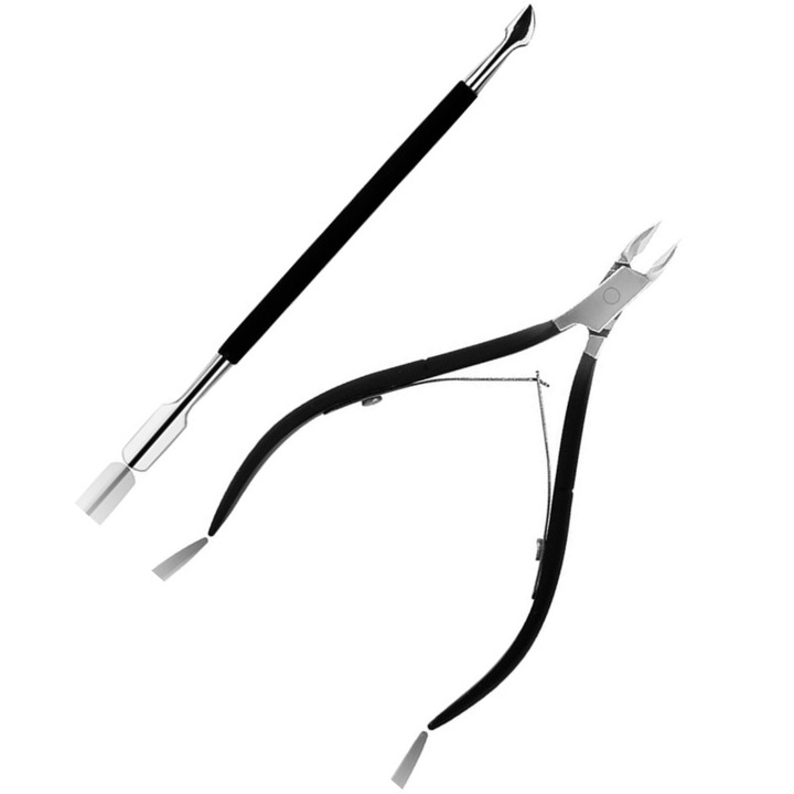 Set 2 ustensile unghii/cuticula, ascutite si durabile, profesionale, clesti de unghii, ingrijire a picioarelor, instrumente de pedichiura, otel inoxidabil, negru / argintiu