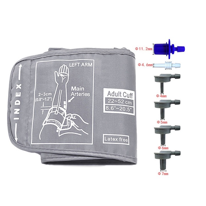 Manseta pentru tensiometru de brat, marime 22-52cm, nailon, Contine diversi conectori, Reutilizabil, reglabila, Gri deschis