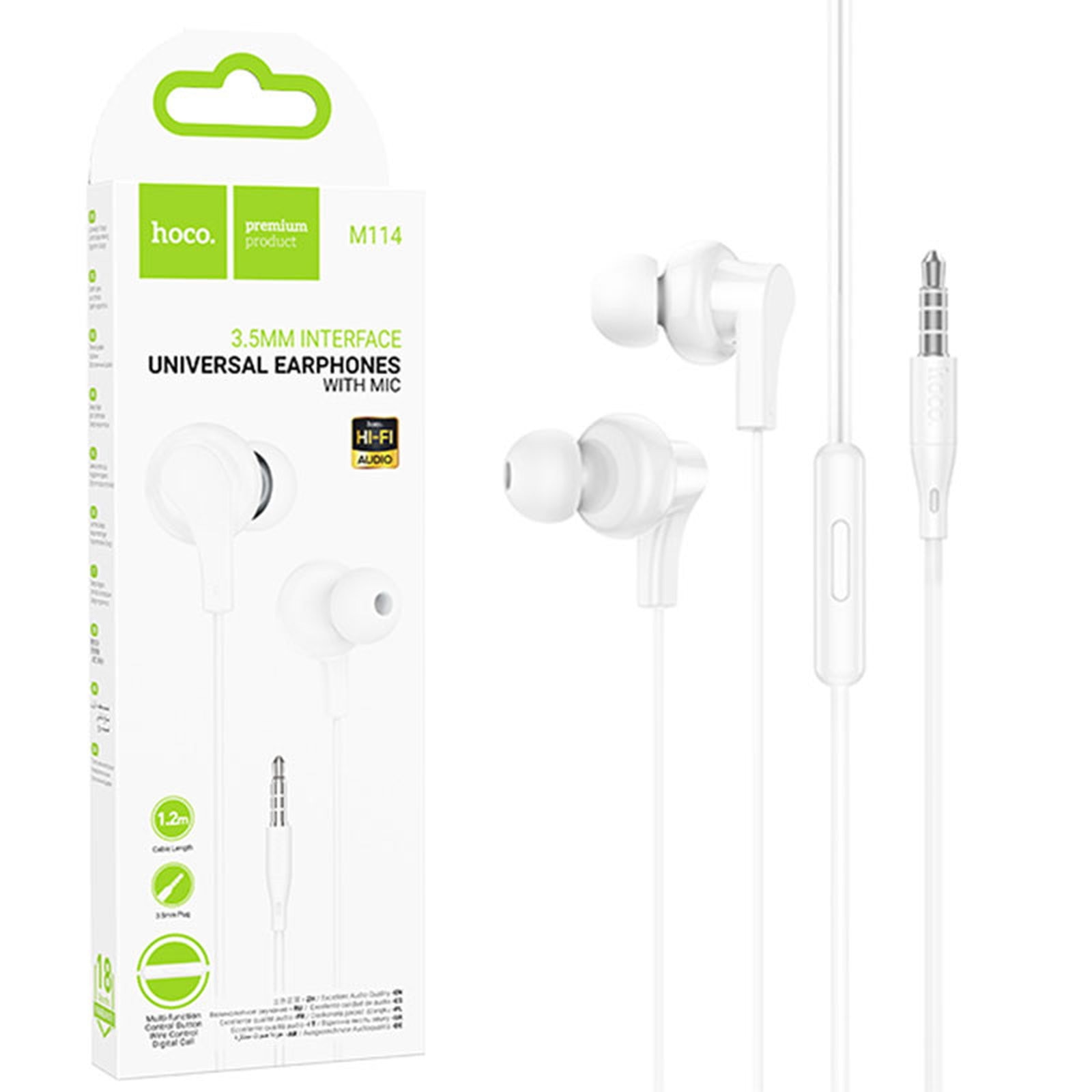 Casti cu Fir si Microfon Hoco M114, 1m Jack 3.5mm - Alb