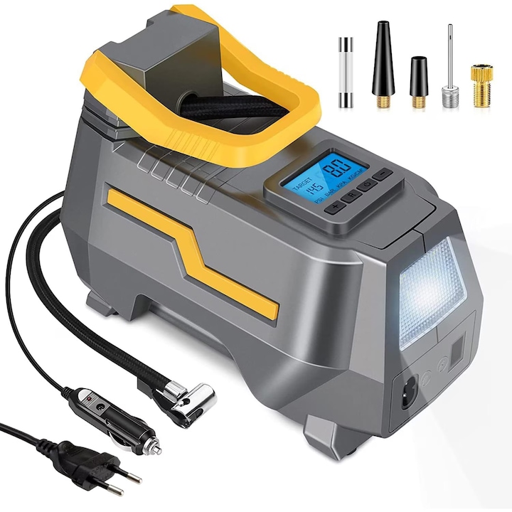 Преносим въздушен компресор Elindor® с LCD дисплей, 12V/220V захранване, максимално налягане 10,3 бара, 150PSI, мултифункционална функция, LED светлина, сив