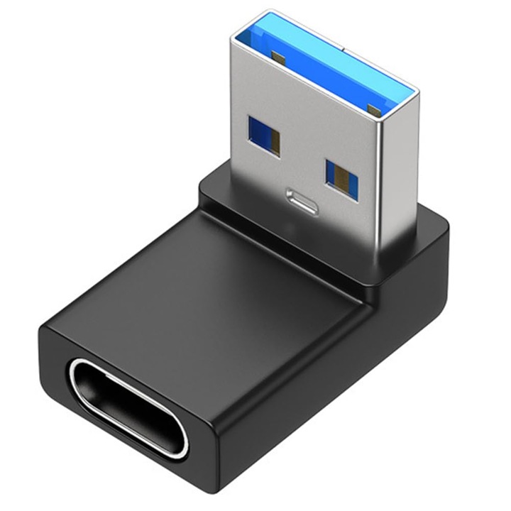Комплект от 2 USB 3.0 удължителни адаптера, OEMG®, 90 градусов ъгъл, Съвместим с широк набор от устройства, USB-C женски към USB-A мъжки, черен