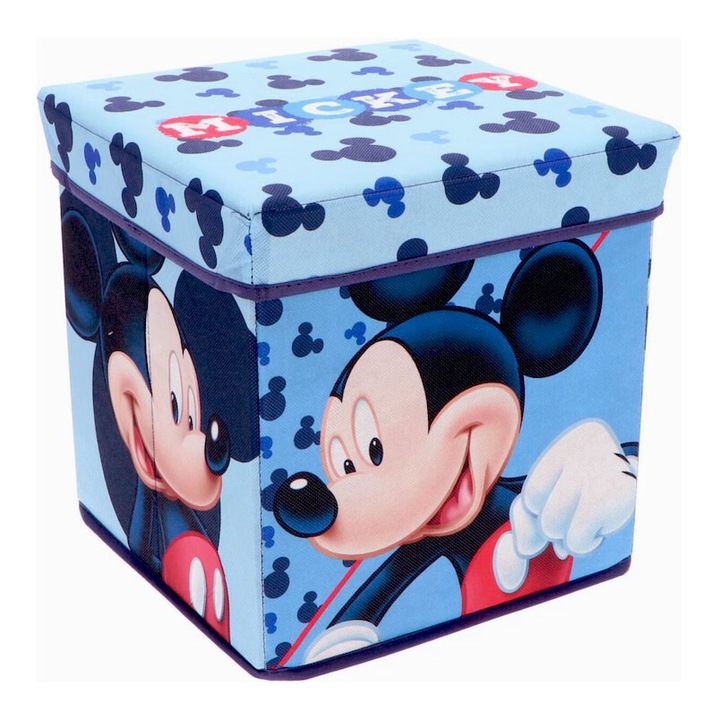 Taburet Pliabil cu Spatiu de Depozitare, Tip Cutie, Multicolor, Sarcina Maxima 80 kg, 30x30x30 cm, Mickey Mouse
