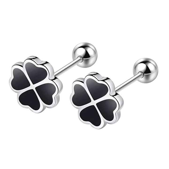Обеци във формата на четирилистна детелина, Покритие от бяло злато, Черен, 9 мм