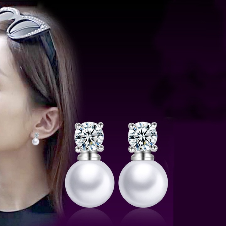 Перлени обеци с циркон, Покритие от бяло злато, Циркон 5 мм, Перла 8 мм