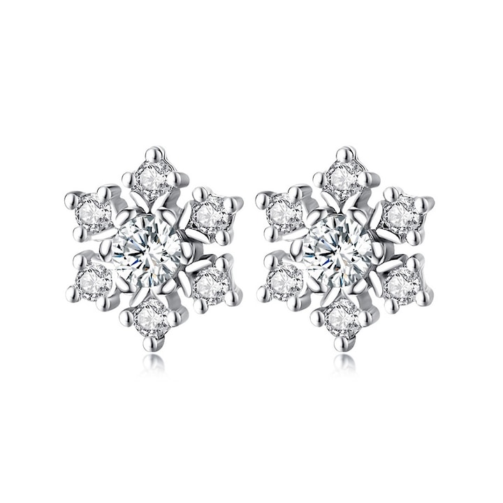 Обеци тип снежинки с циркон, Покрити с бяло злато, 10 мм