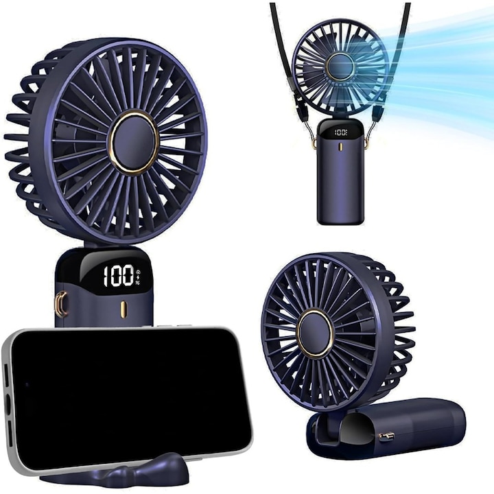 Ultra hordozható ventilátor, 3 az 1-ben, nyakventilátor, hordozható, 5 sebesség, 90°-ban összecsukható, LCD képernyővel, 4200 mAh, kék
