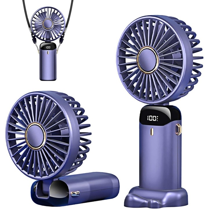 Ultra hordozható ventilátor, 3 az 1-ben, nyakra való, hordozható, 5 sebességes, 90°-ban összecsukható, LCD képernyővel, 4200 mAh, Lila