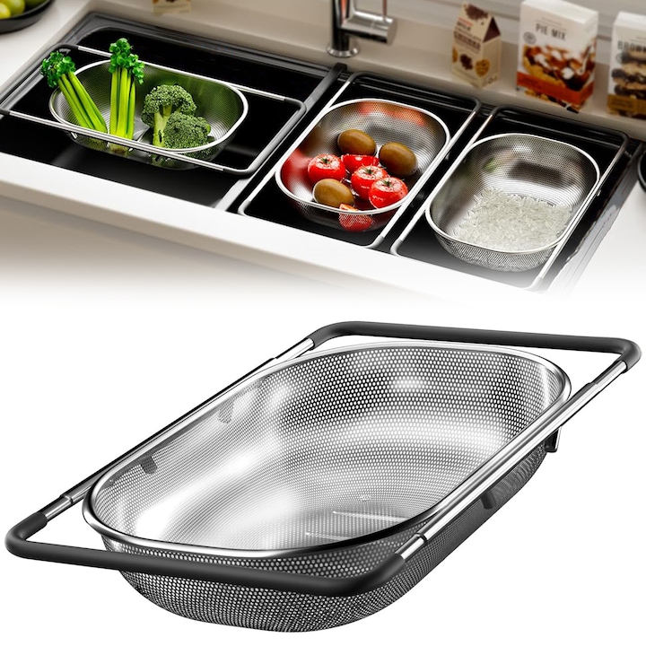 Strecuratoare pliabila cu manere extensibile, sita pentru chiuveta spalat fructe si legume/scurs paste, 34 x 224 x 8.5cm (manere pliate), L54cm (manere extinse), inox