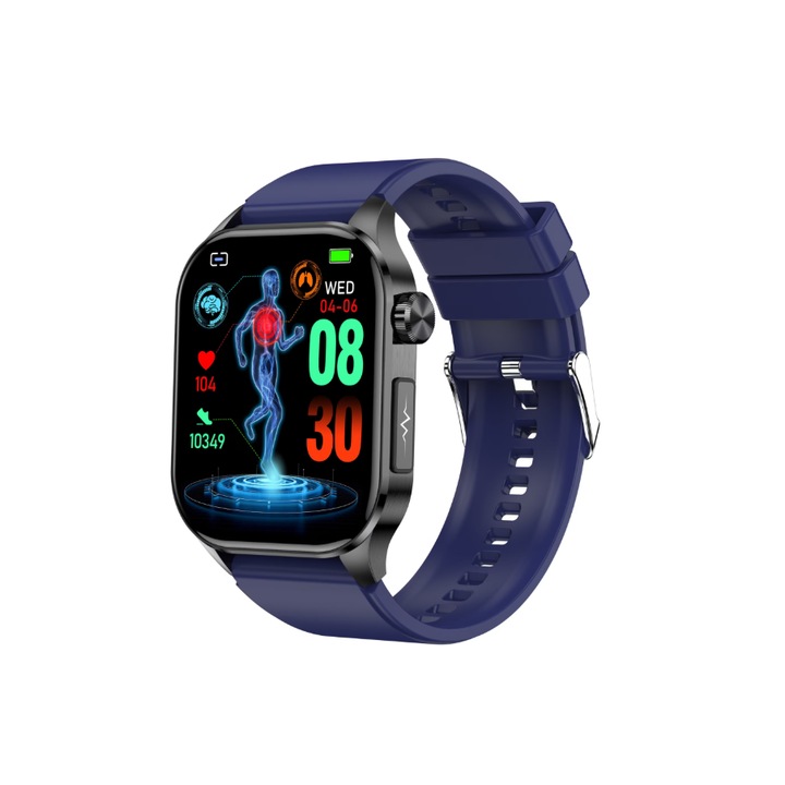 Ceas Smartwatch Sanatate, Functie ECG, Monitorizare neinvaziva a glicemiei, acid uric, lipide, ritm cardiac, functie HRV, Oxigen in sange, indice grasime corporala, somn, numarul pasilor/caloriilor, distanta pentru Iphone, Android, Albastru, Blue
