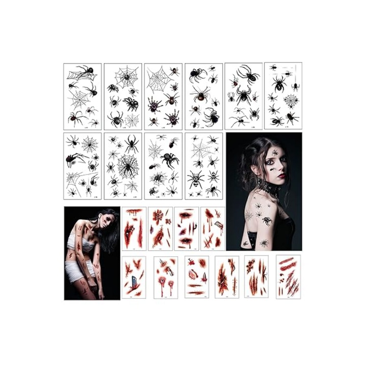 Pachet 20 de tatuaje temporare de Halloween, petreceri tematice, rosii si negre, Moinkerin - QI6Z