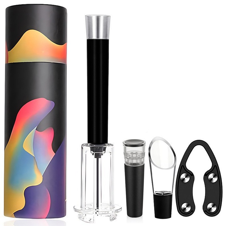 Комплект тирбушон за вино с въздушна помпа, комплект отварачка за бутилки с въздух под налягане от алуминиева тръба, аксесоар за рязане на фолио, аератор, запушалка за вакуумна помпа, черен