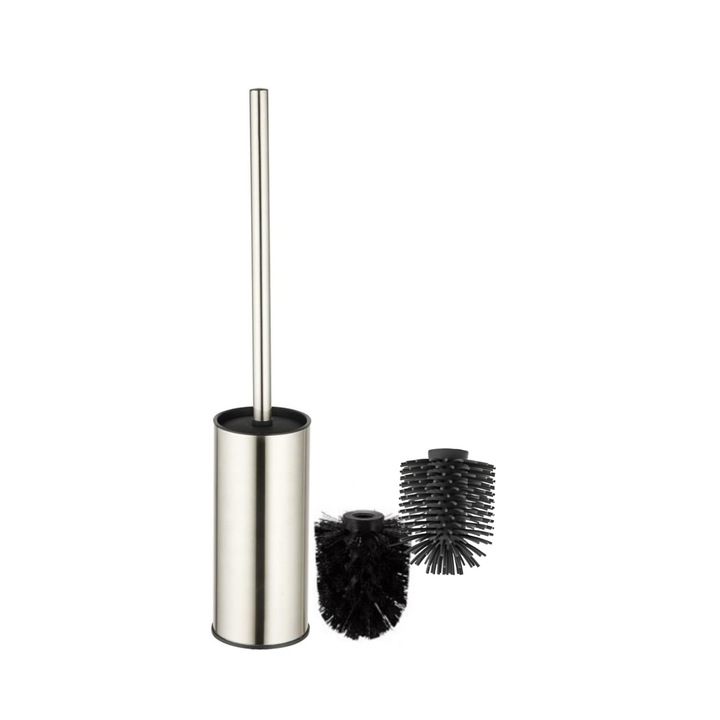 WC tartó kefével, BGL, 2 tartalék szilikon és műanyag kefe, strapabíró nyél, minimalista design, rozsdamentes acél, Ezüst / fekete