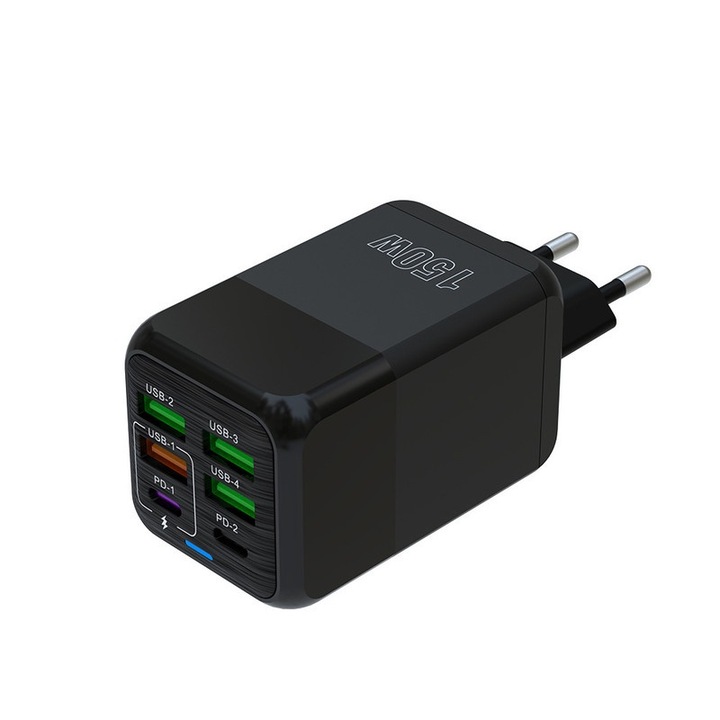 Töltő 150W, 4 USB, 2 Type-C, QC3.0 támogatás, fekete