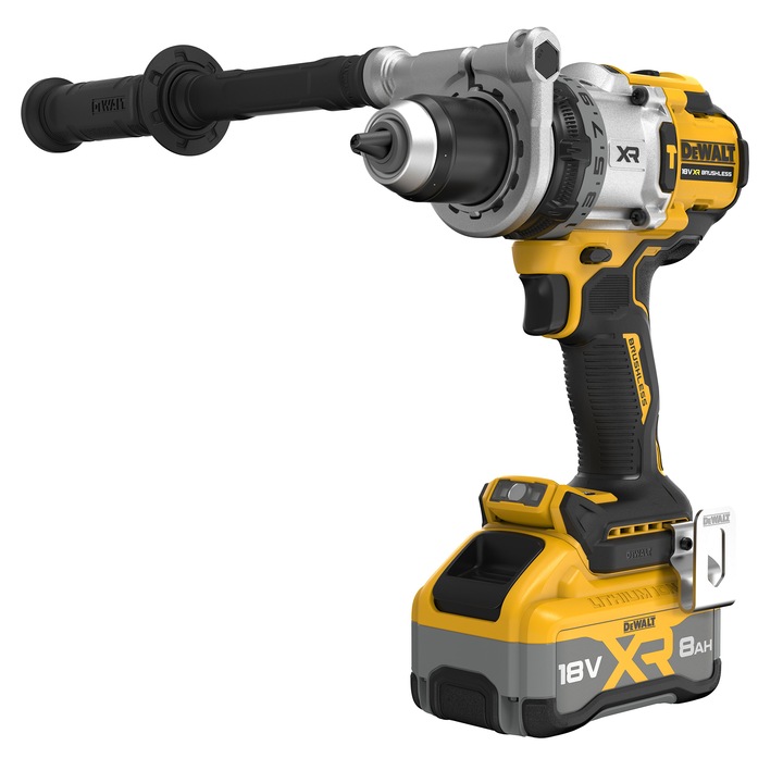 Masina compacta de gaurit si insurubat (bormasina) pe acumulator cu percutie DeWALT DCD1007WW1T, 18V, motor fara perii, iluminare LED, 1x acumulator 8 Ah Li-Ion, sistem anti-rotatie, cuplu 169 Nm, 2250 RPM, 38.250 percutii/min, cutie TSTAK, incarcator