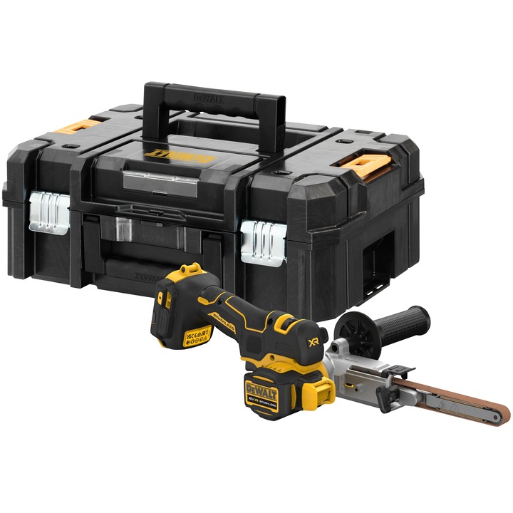 Акумулаторна лентова шлайфмашина DeWALT DCM200NT, 18V XR, Безчетков мотор, LED осветление, Ширина на лентата 13 мм, Максимална променлива скорост 1700 м/мин, Въртящо се рамо 173 градуса, Транспортна кутия TSTAK, Без зарядно/акумулатор