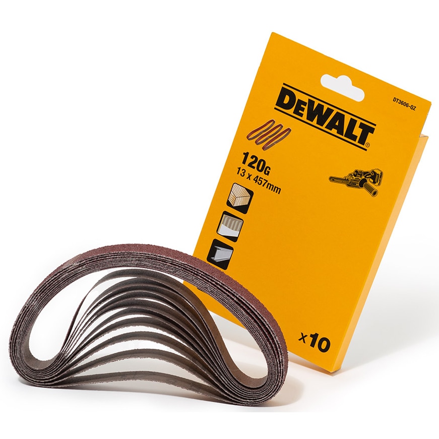Banda abraziva de slefuit pentru slefuitorul cu banda DeWALT DCM200, 13 mm x 457 mm, granulatie 120, utilizari multiple, ideala pentru slefuire, debavurare, modelare, curatare a su
