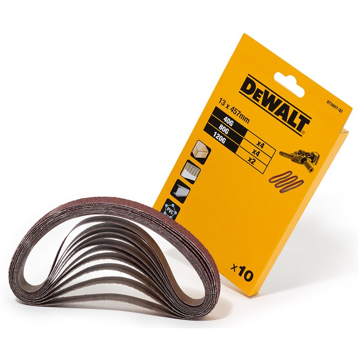 Banda abraziva de slefuit pentru slefuitorul cu banda DeWALT DCM200, 13 mm x 457 mm, granulatii 40, 80, 120, utilizari multiple, ideala pentru slefuire, debavurare, modelare, curatare a sudurii si a imbinarilor din lemn, set 10 bucati