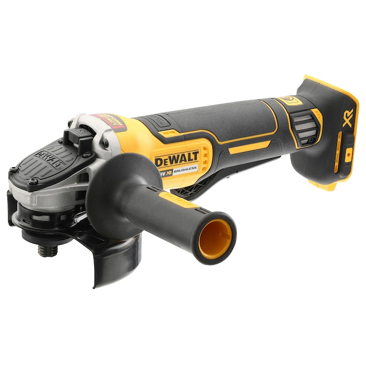 Polizor unghiular (flex) pe acumulator DeWALT DCG413N, 18V, motor fara perii, 7000 RPM, diametru disc 115 mm, sistem prindere M14, frana electronica, ambreiaj electronic, profil ingust, deflector de praf pentru protectie motor, fara incarcator/acumulator