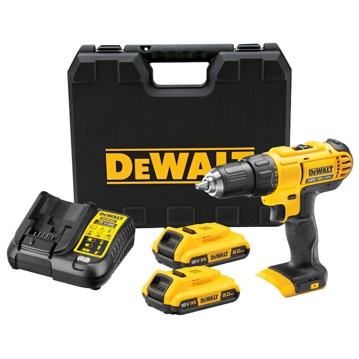 Акумулаторна бормашина DeWALT DCD771D2, 18V XR, Въртящ момент 42 Nm, 1500 об/мин, Включва 2x 2 Ah Li-Ion батерии, LED осветление, Куки за колан, Магнитен държач за битове, Транспортна кутия TSTAK, Зарядно устройство