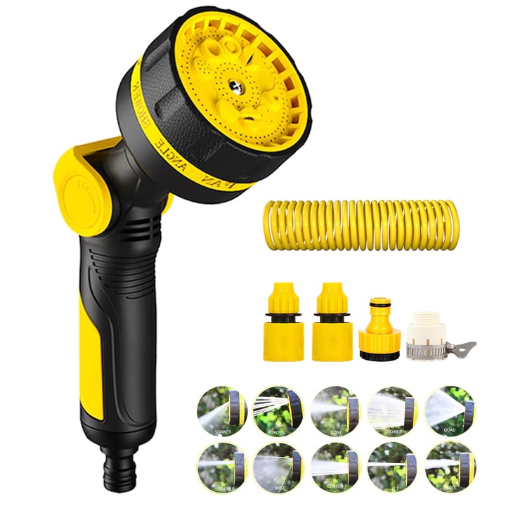 Set furtun de gradina Yulinland® + accesorii, 20 m, 3 fitinguri, pistol de stropit, anti rasucire, rezistent, 10 functii, universal, ideal pentru irigare, spalare, prindere confortabila, presiune reglabila, durabilitate extinsa, Galben, Negru
