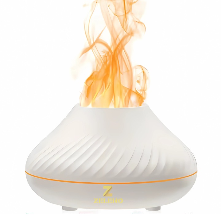 Umidificator cu difuzor de uleiuri esentiale, functie de umidificare si purificare a aerului, oprire automata, design cu LED ajustabila tip flacara, capacitate 130ml,, negru, 1 ulei essential, Alb