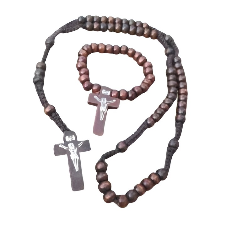 Fa gyöngy rózsafüzér és karkötő szett, 8mm-es sötétbarna