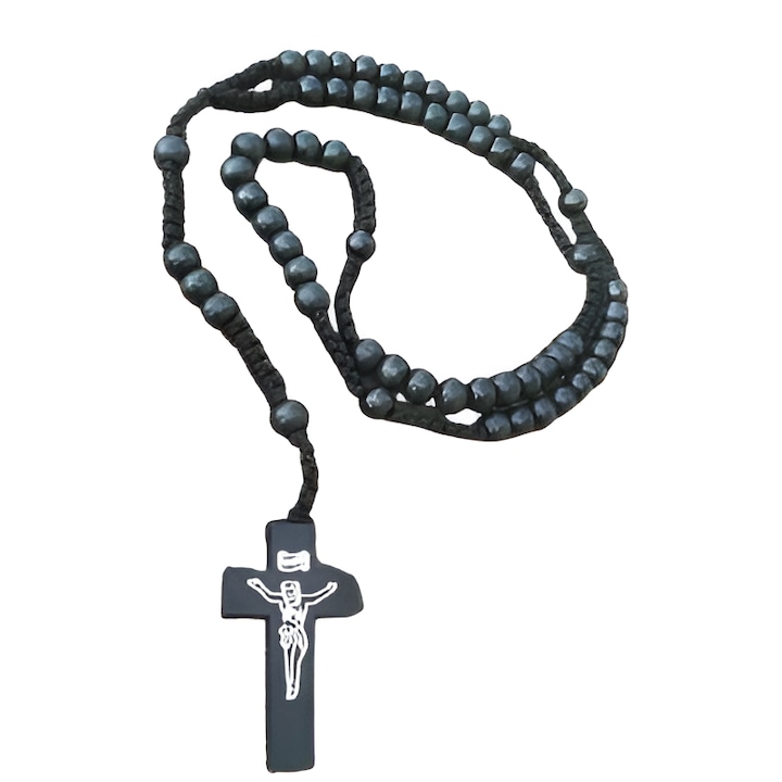 Fa gyöngy rózsafüzér, imalánc nyaklánc, fekete, 8mm-es