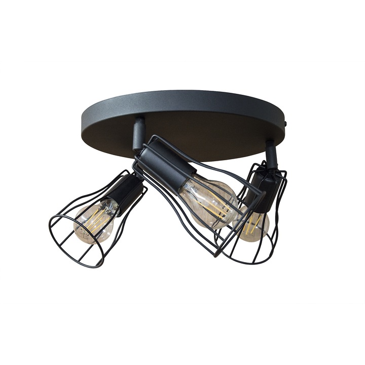 Plafon de tavan negru 3x60W cu abajururi din sarma